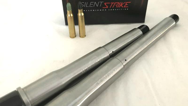 Firearm barrel displayed on a workbench