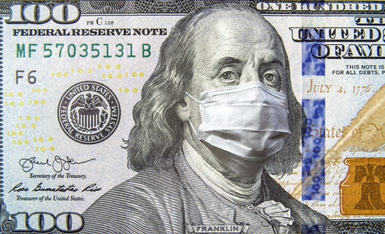 Covid-19 Coronavirus In Usa, 100 Dollar Money Bill With Face Mas
