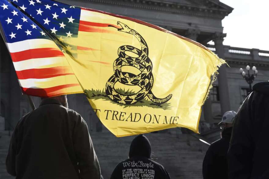 Gadsden Flag with coiled rattlesnake and “Don’t Tread on Me” symbolizing American freedom and defiance