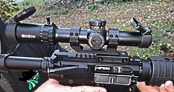 Gideon Mediator II ACRO red dot and 1-8x24 LPVO scope mounted on AR-15 rifle.