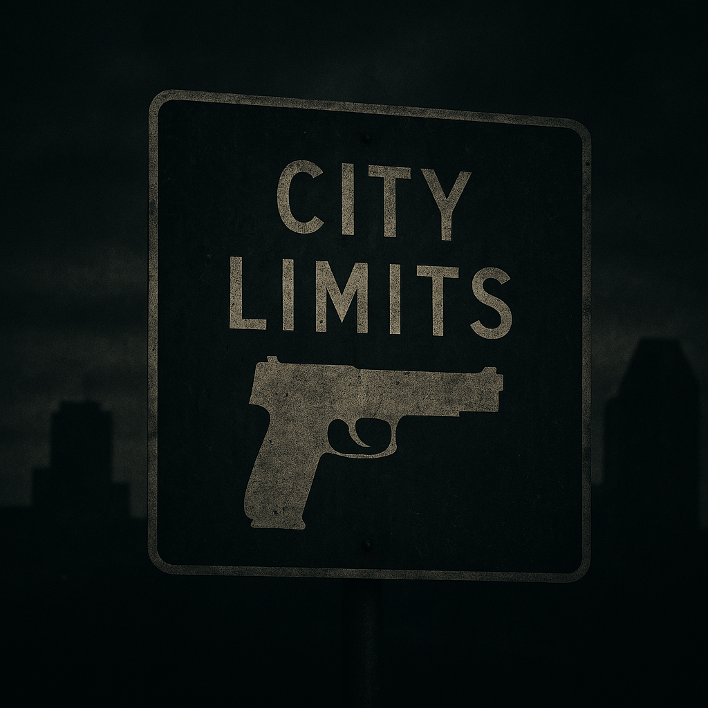 Dark, moody image of a weathered “City Limits” sign featuring a faded handgun graphic, symbolizing the clash over local gun control laws in urban Ohio.