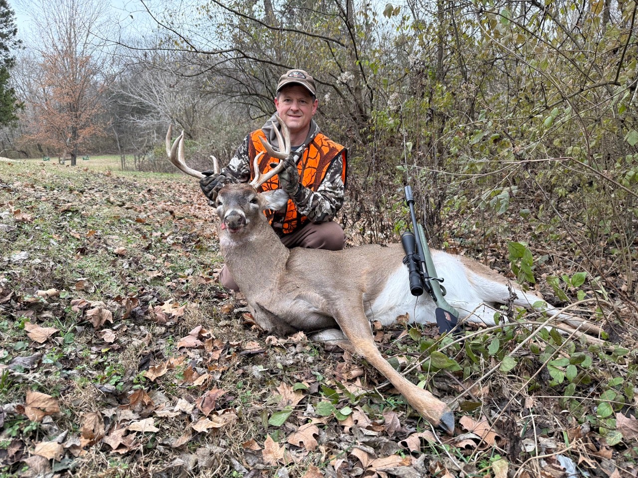 Author with harvested whitetail buck taken using Barnes 130-grain TTSX .308 ammunition