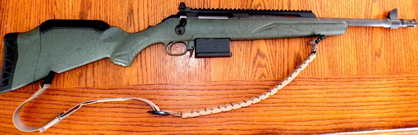 Ruger American Gen II Scout rifle chambered in .308 Winchester with iron sights.
