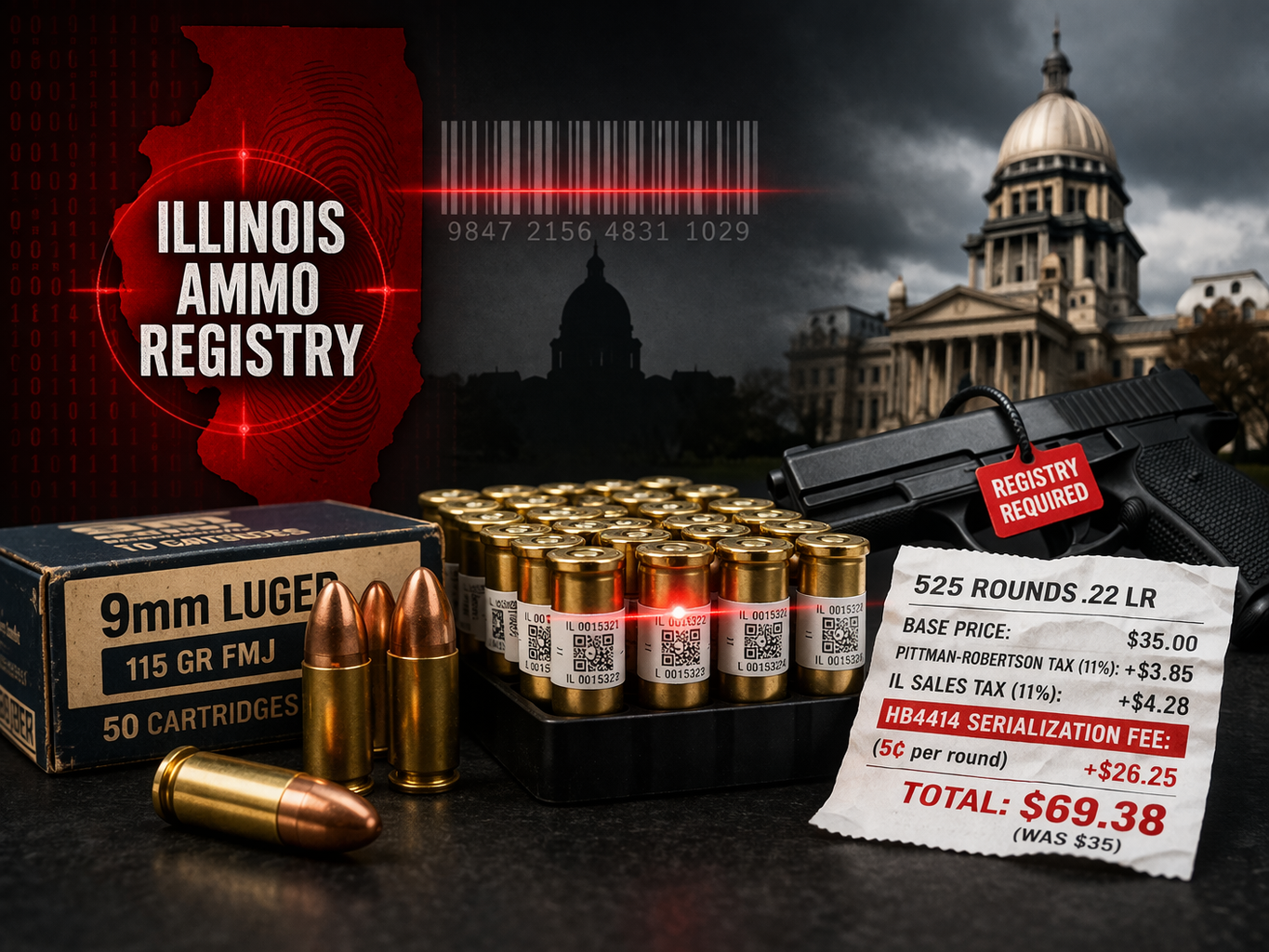 Illinois ammo registry graphic showing serialized 9mm ammunition, price increase receipt, and firearm tagged “registration required” under HB4414 law