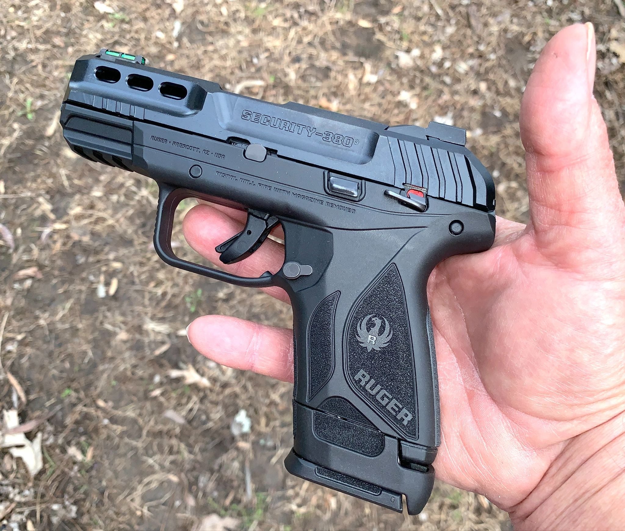 Ruger Security-380 pistol with fiber optic front sight and Lite Rack slide system