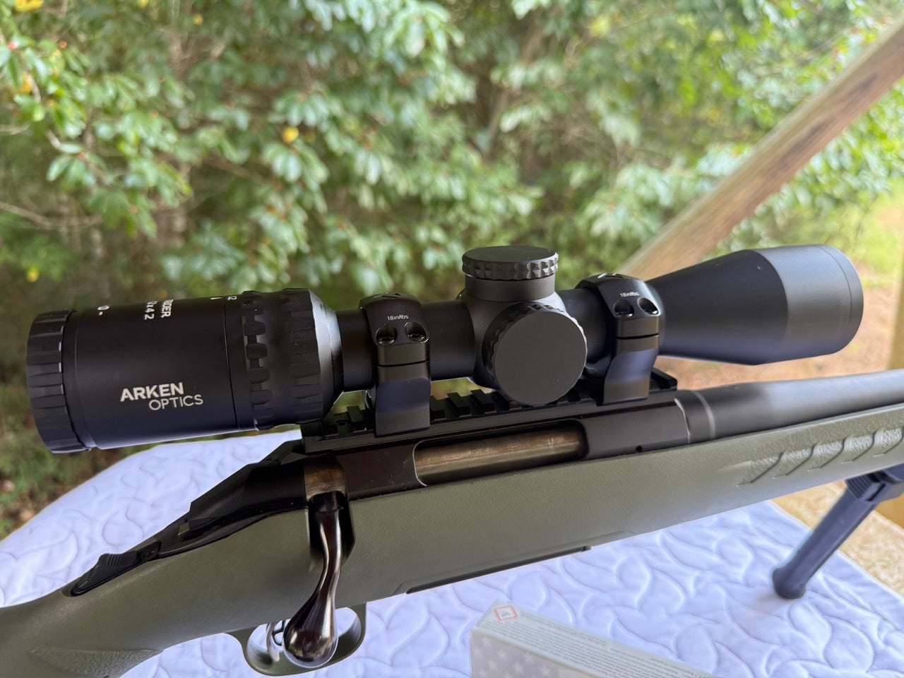 Arken Outrider 2-12x42 hunting scope mounted on a Ruger American .308 rifle