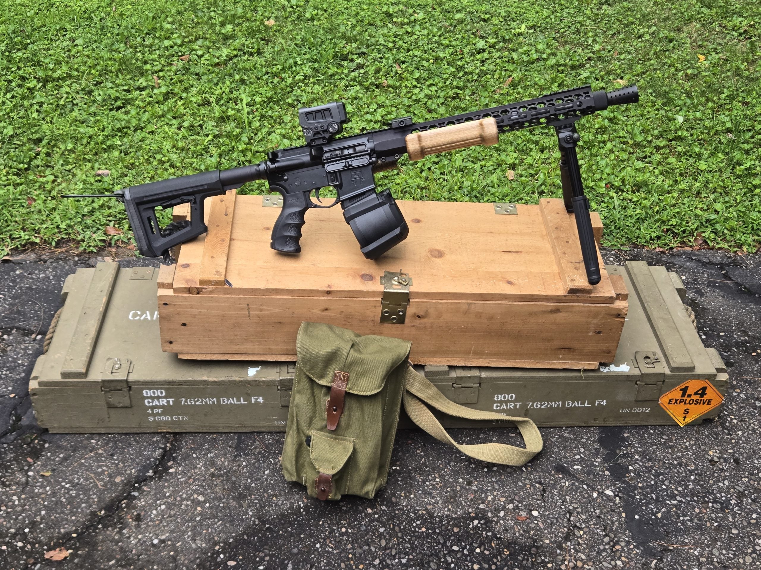 Custom ARPK AR-15 build with wood furniture, bipod and drum magazine