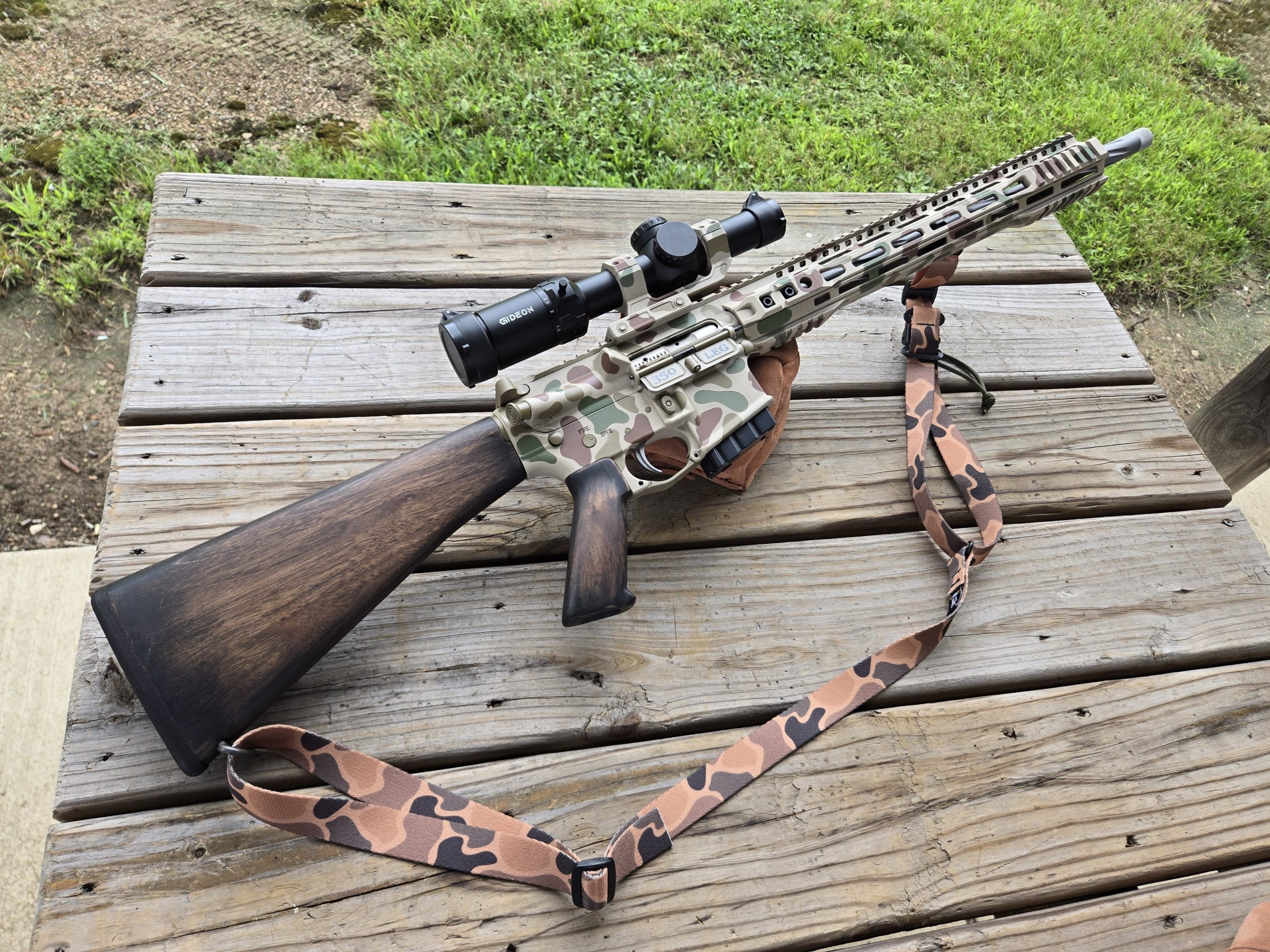 Custom Shaw Barrels .350 Legend AR with Frog Skin camouflage and walnut furniture