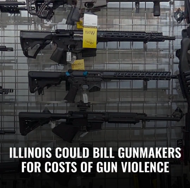 Rifles displayed at a gun store with text reading “Illinois could bill gunmakers for costs of gun violence”