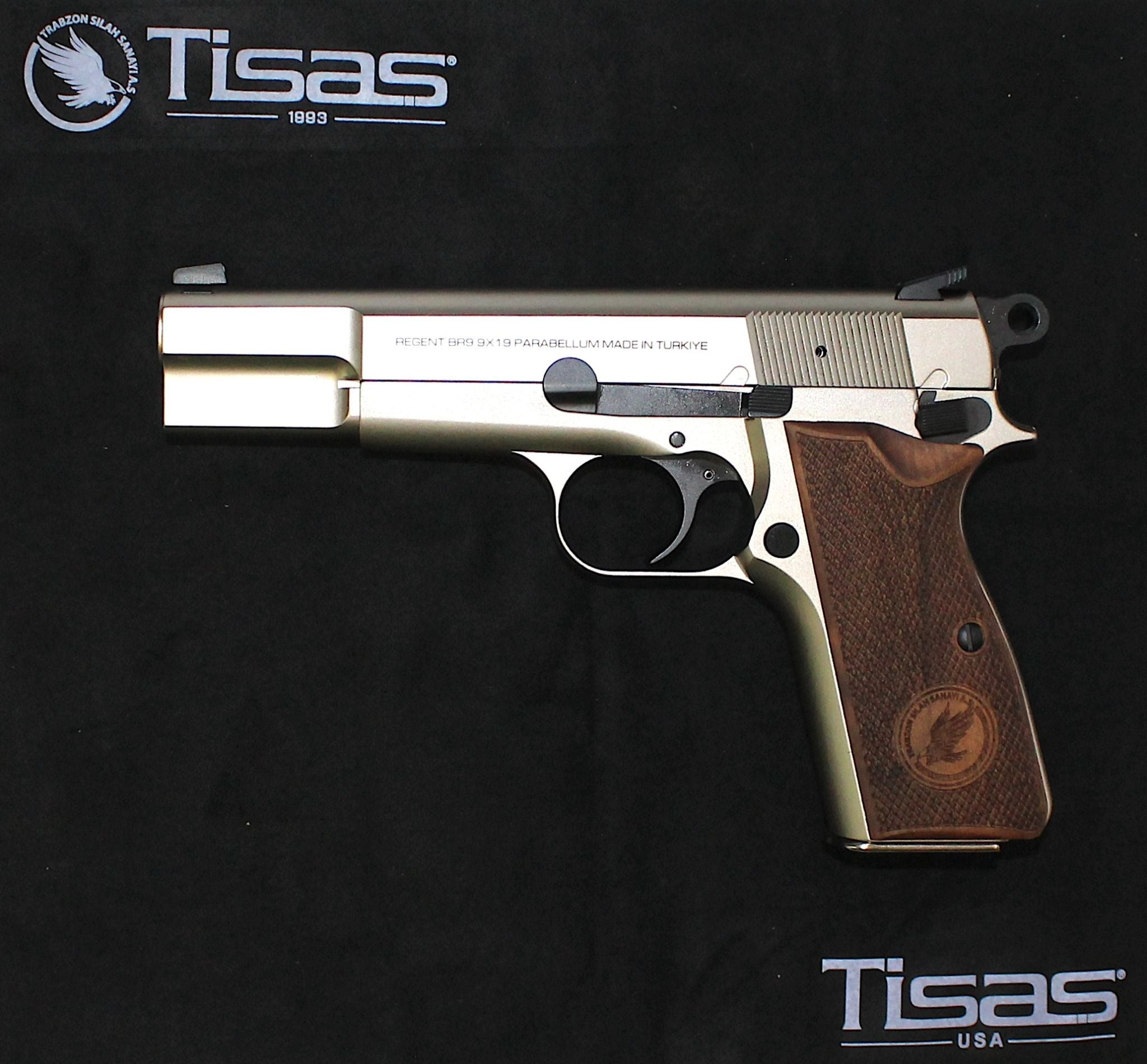 Tisas BR9 Regent 9mm pistol with satin-nickel finish and wood grips
