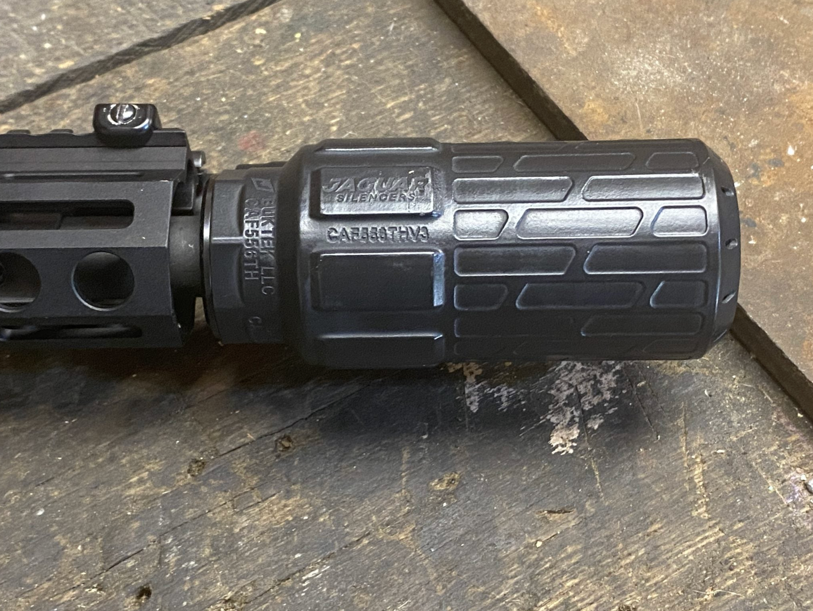 Jaguar Fatty 5.56 suppressor mounted on a 10.3-inch AR-15