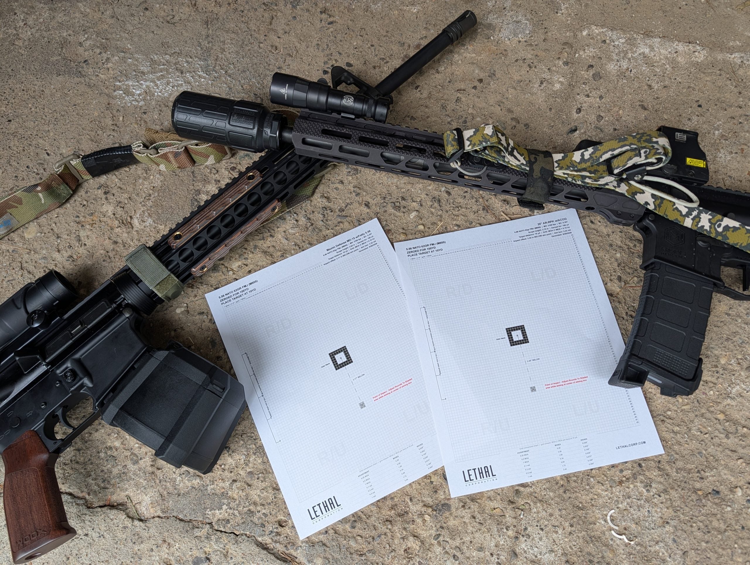 LETHAL Zero Target Generator targets with two AR-15 rifles configured for a 100-yard zero