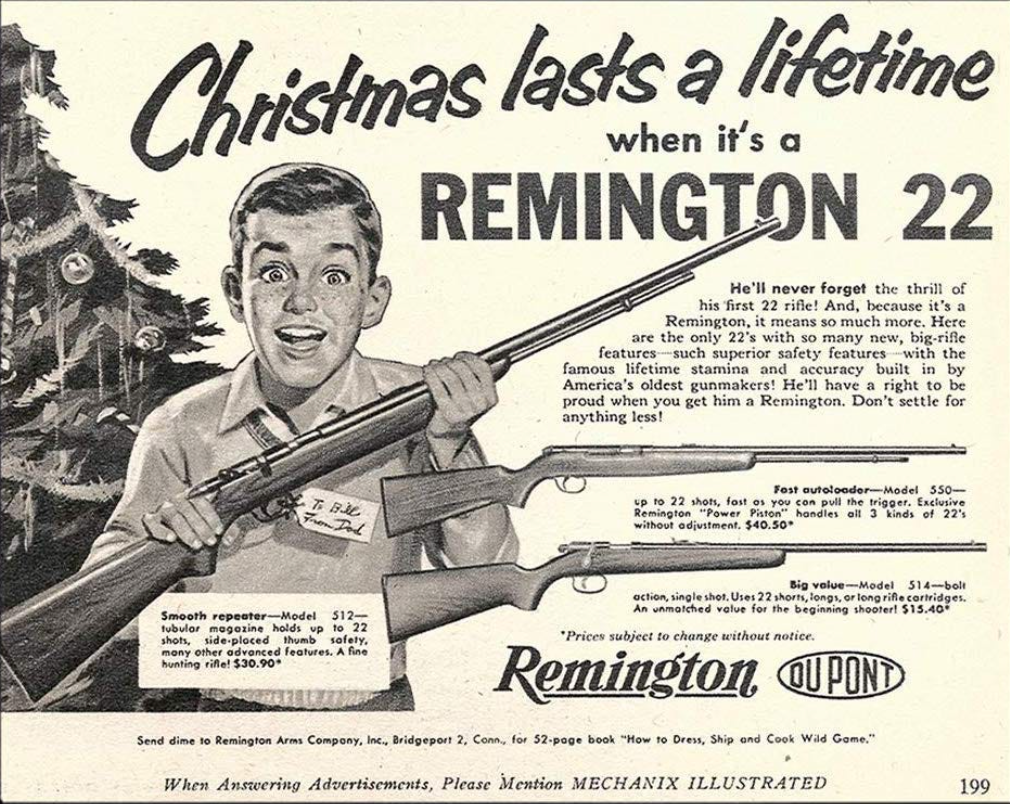 Vintage Remington .22 rifle Christmas advertisement featuring a young boy holding a rifle