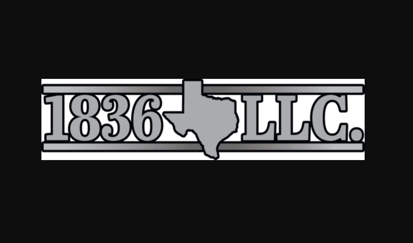 1836 LLC company logo featuring the outline of Texas between the numbers 1836 and the letters LLC in gray and white against a black background.