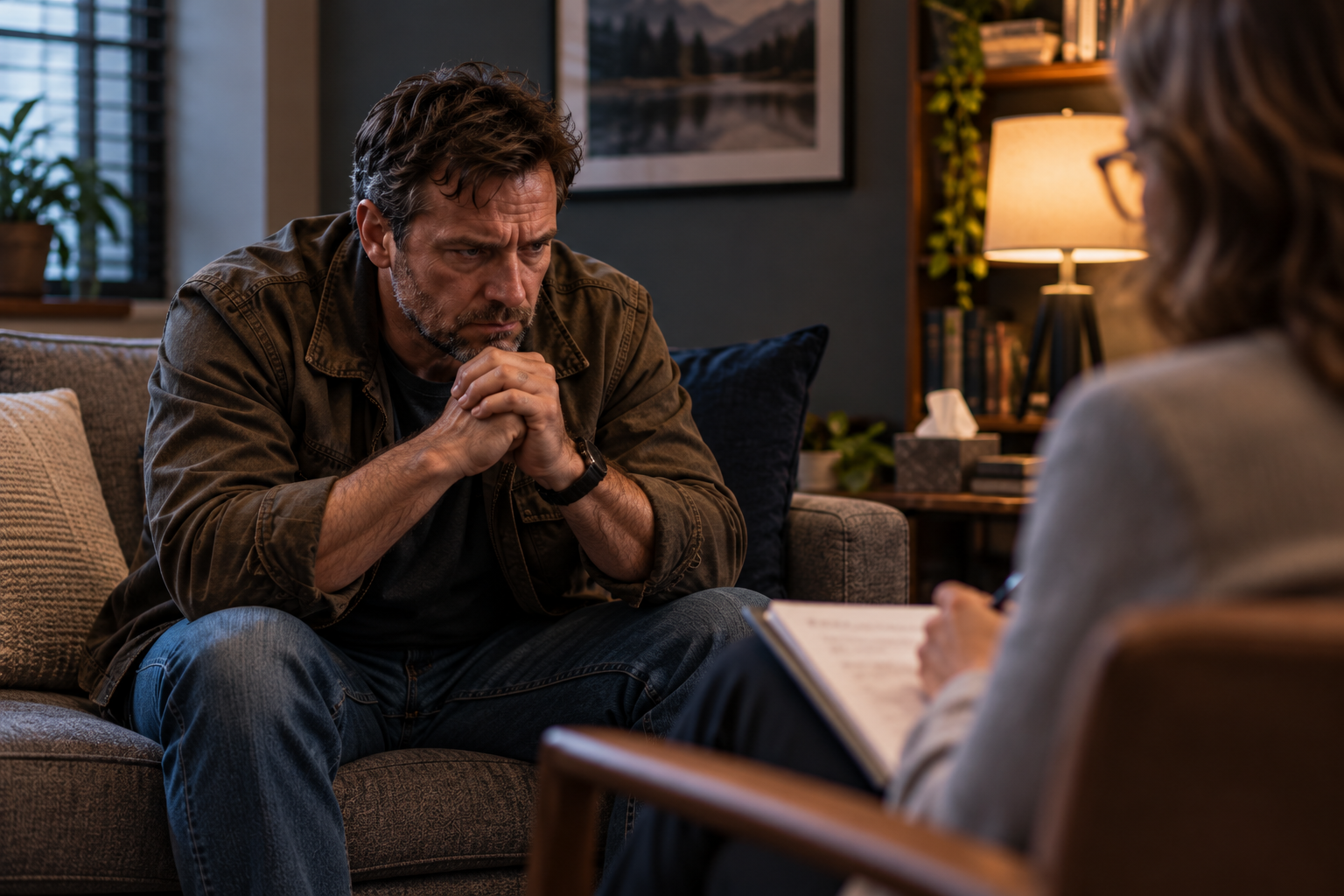 Man speaking with a therapist after experiencing a violent attack